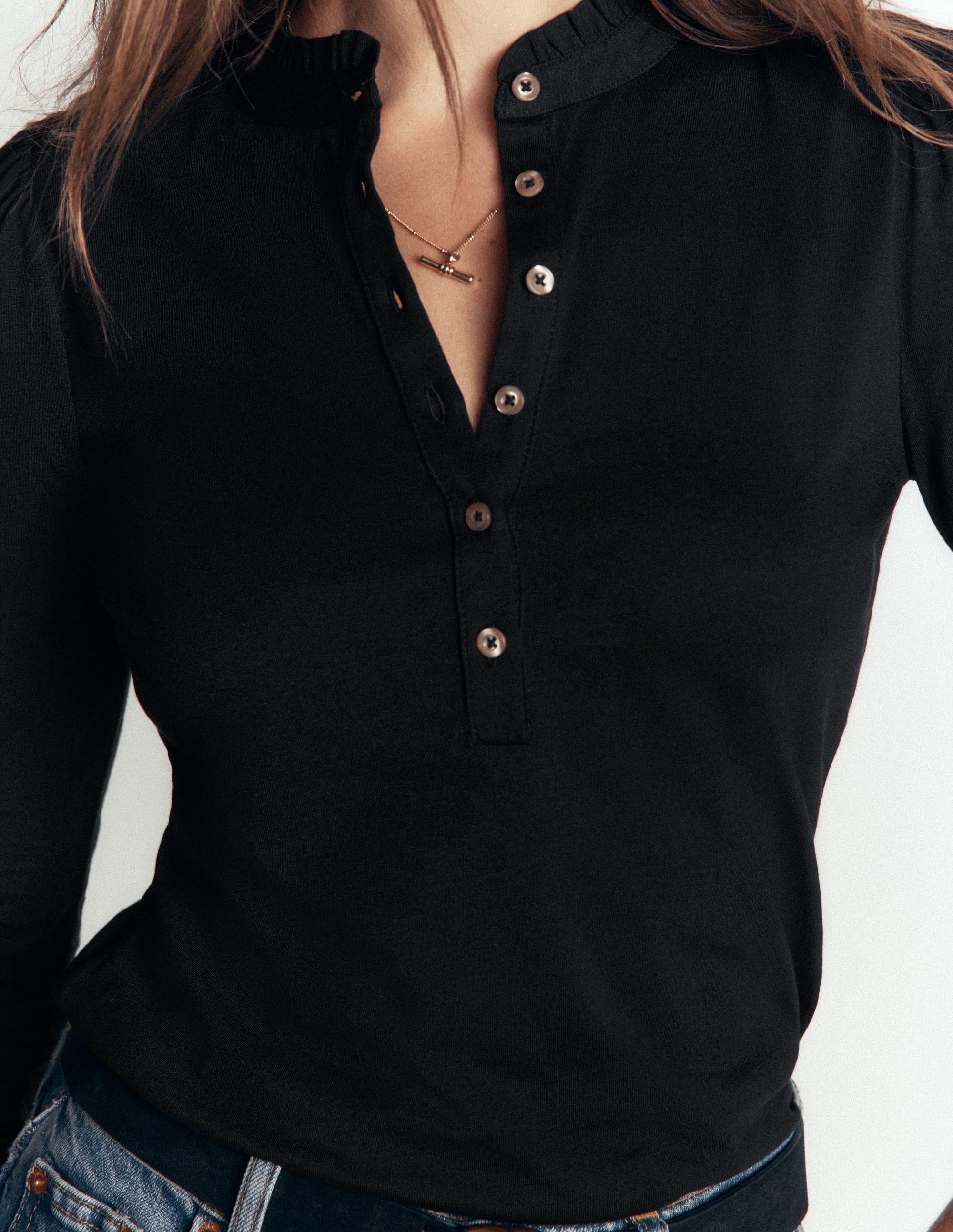 Supersoft Frill Henley Top-Black