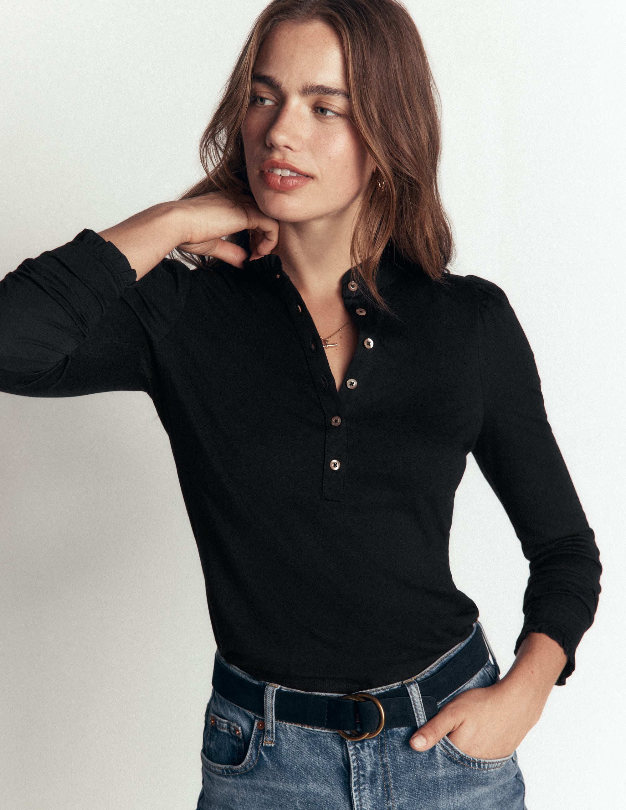 Supersoft Frill Henley Top-Black