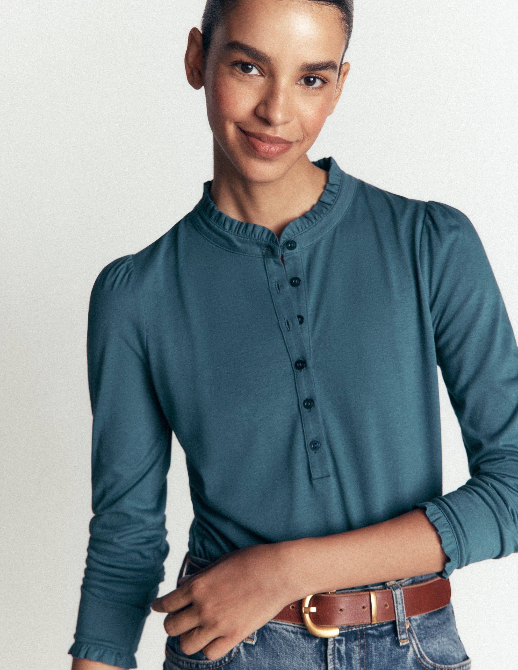 Supersoft Frill Henley Top-Storm Blue
