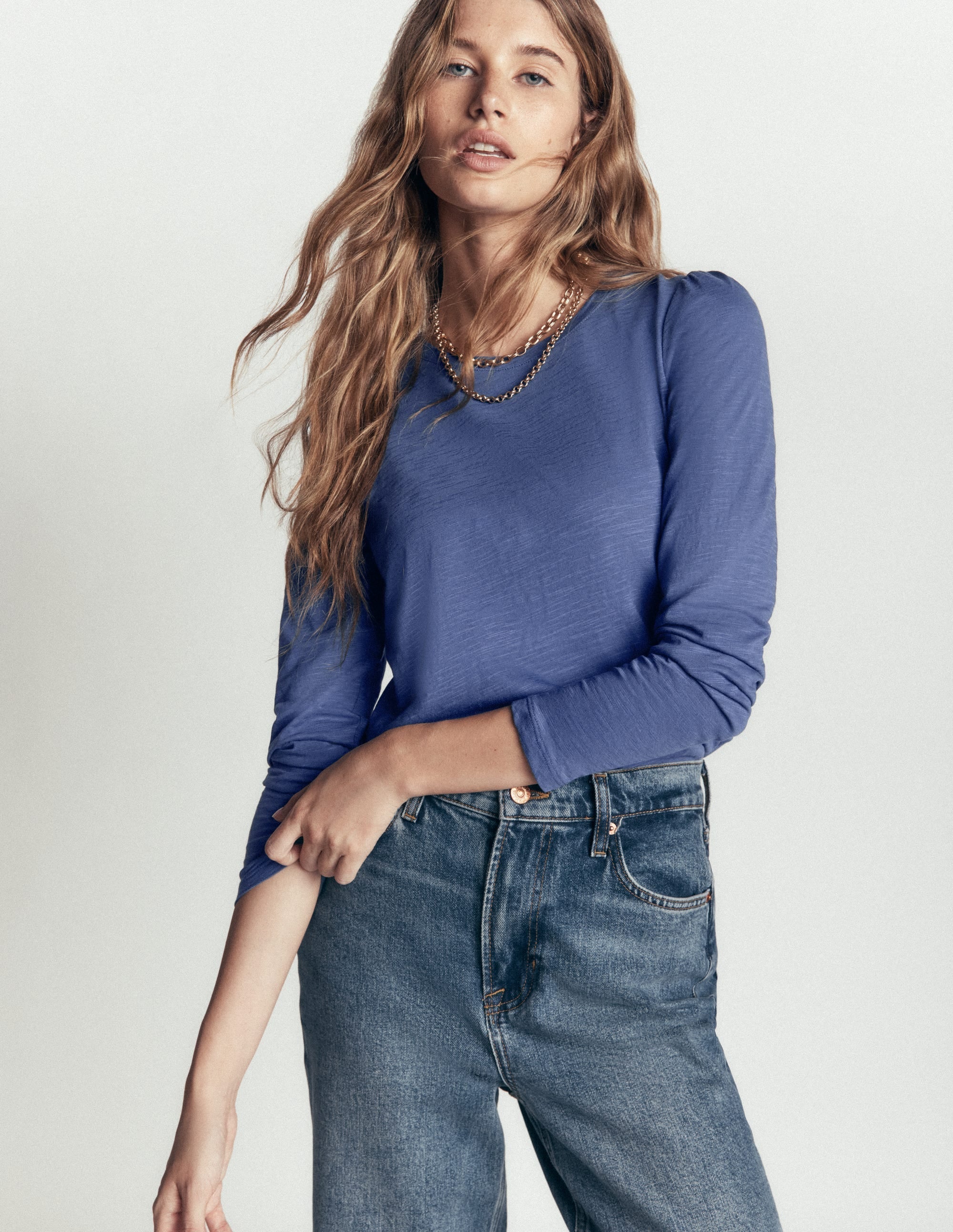 Cotton Crew Long Sleeve Top-True Navy