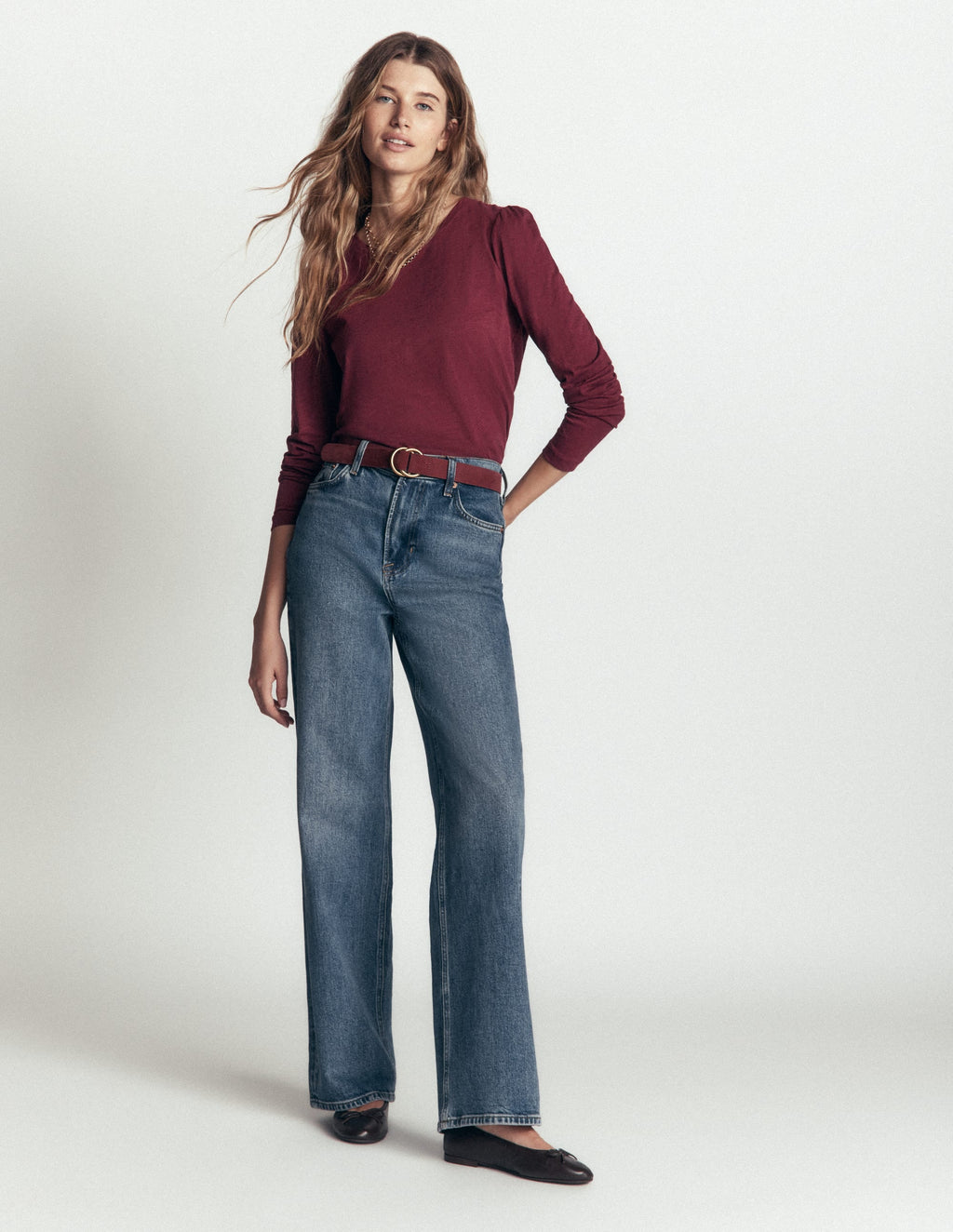 Cotton Crew Long Sleeve Top-Maroon Banner