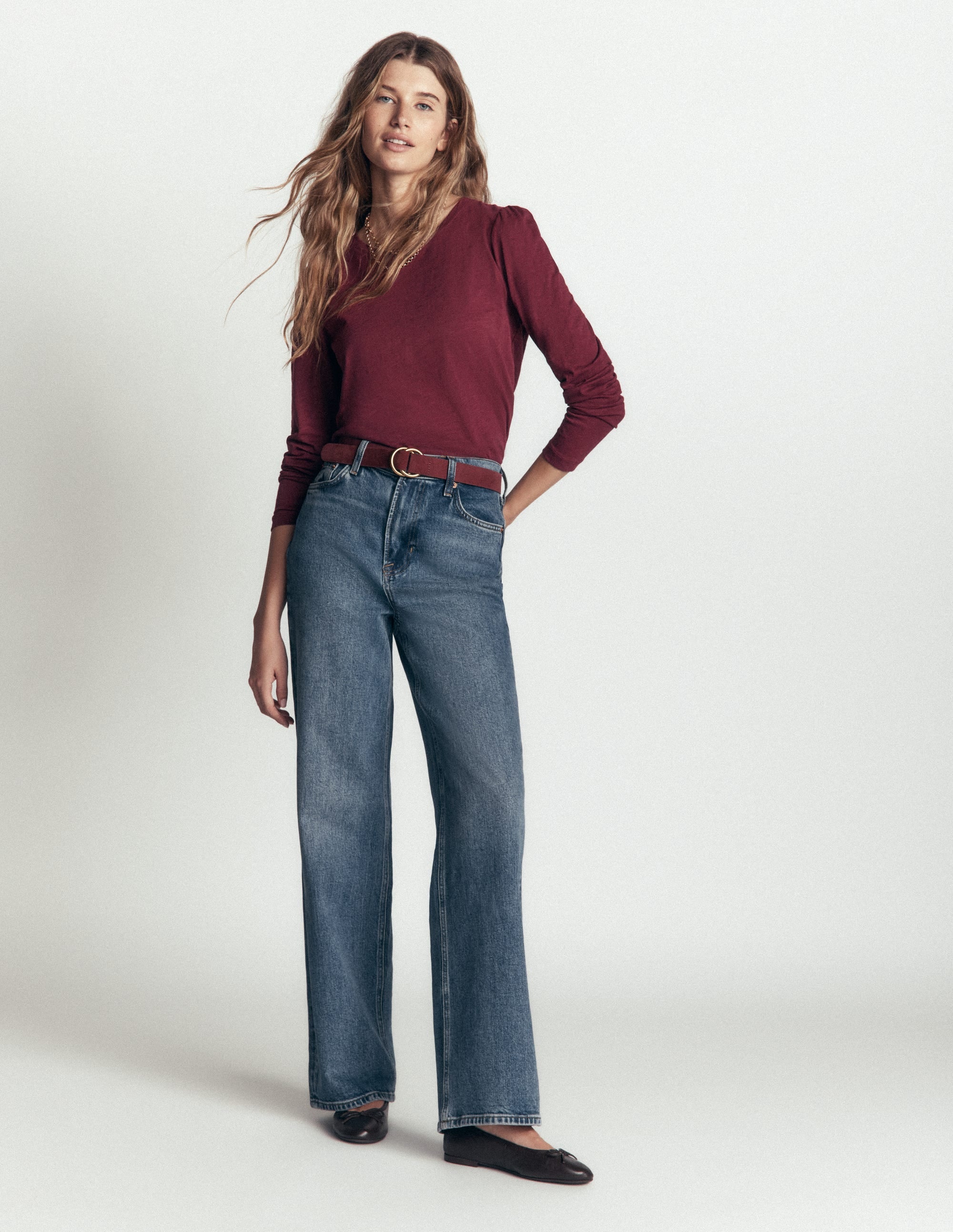 Cotton Crew Long Sleeve Top-Maroon Banner