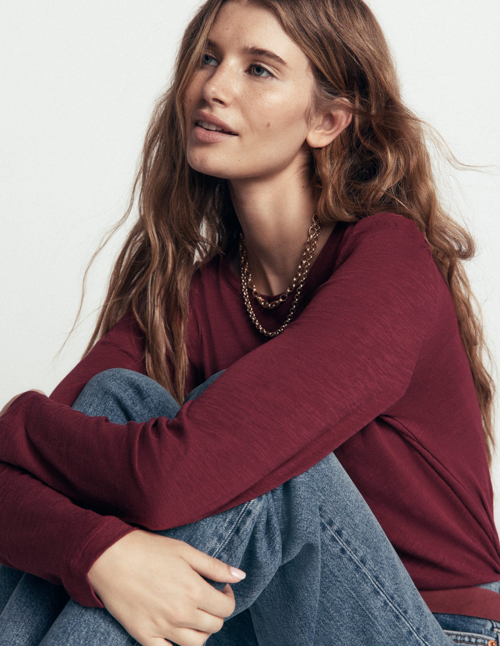 Cotton Crew Long Sleeve Top-Maroon Banner