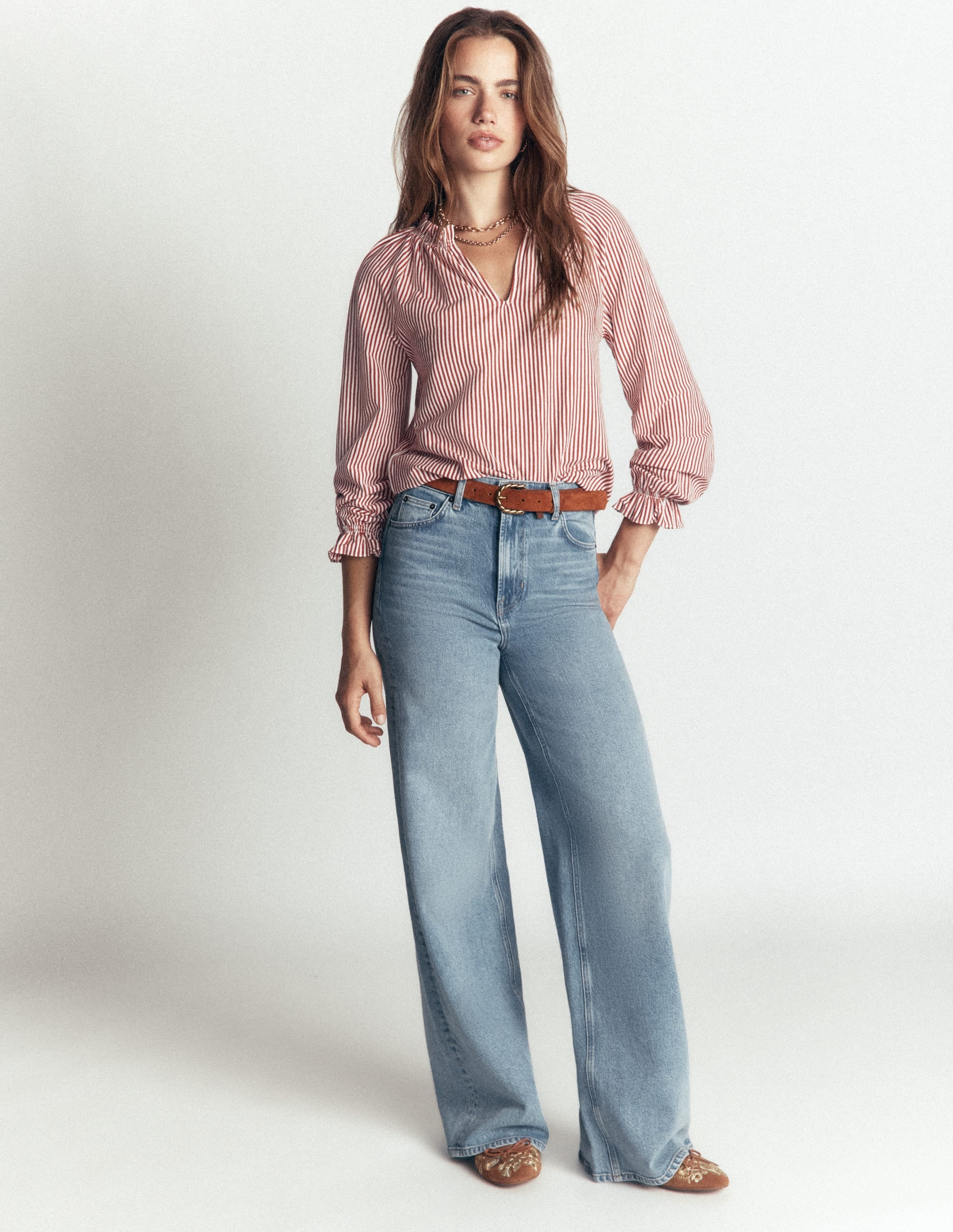 Ruffle Detail Top-Burnt Orange Stripe