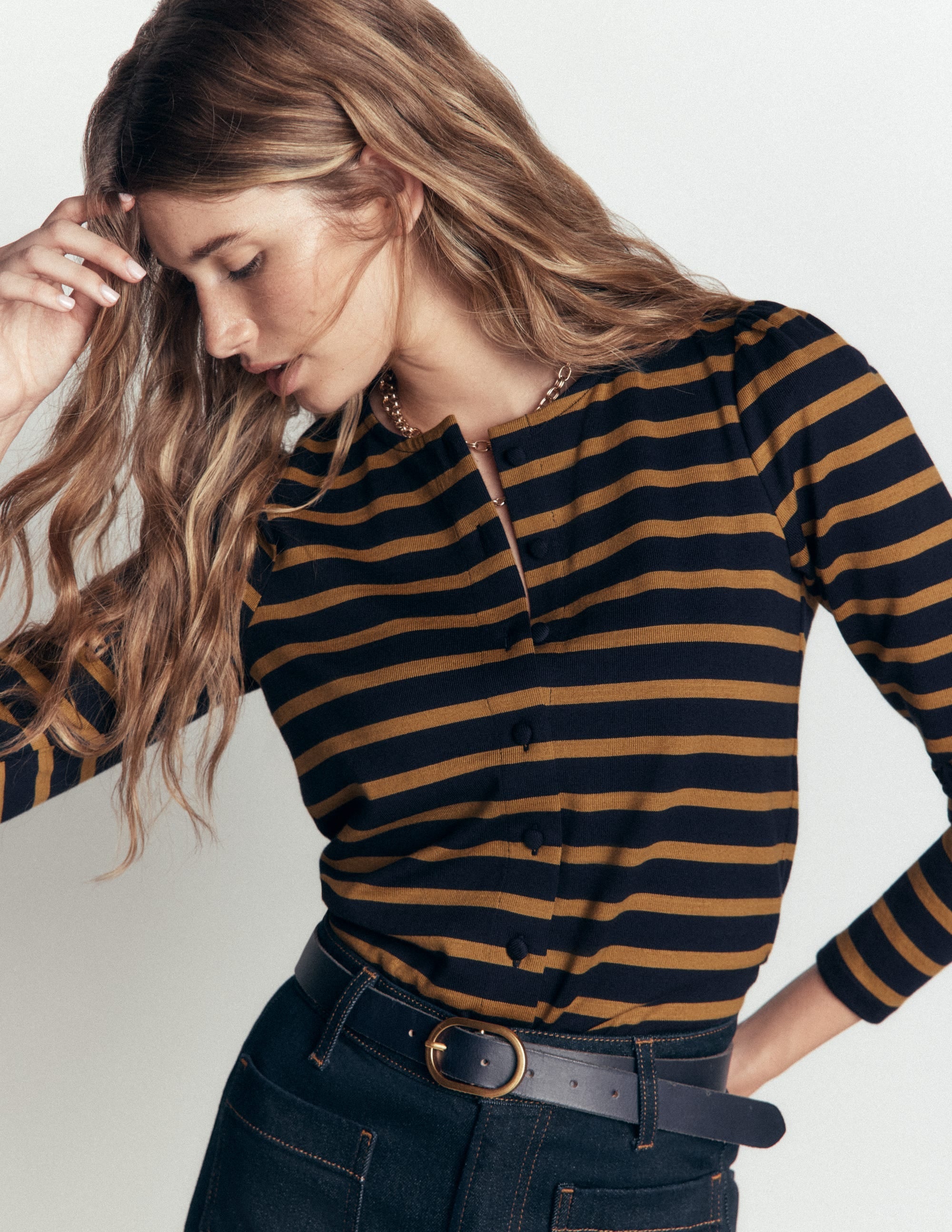 Puff Sleeve Mariner-Navy and Dijon Stripe