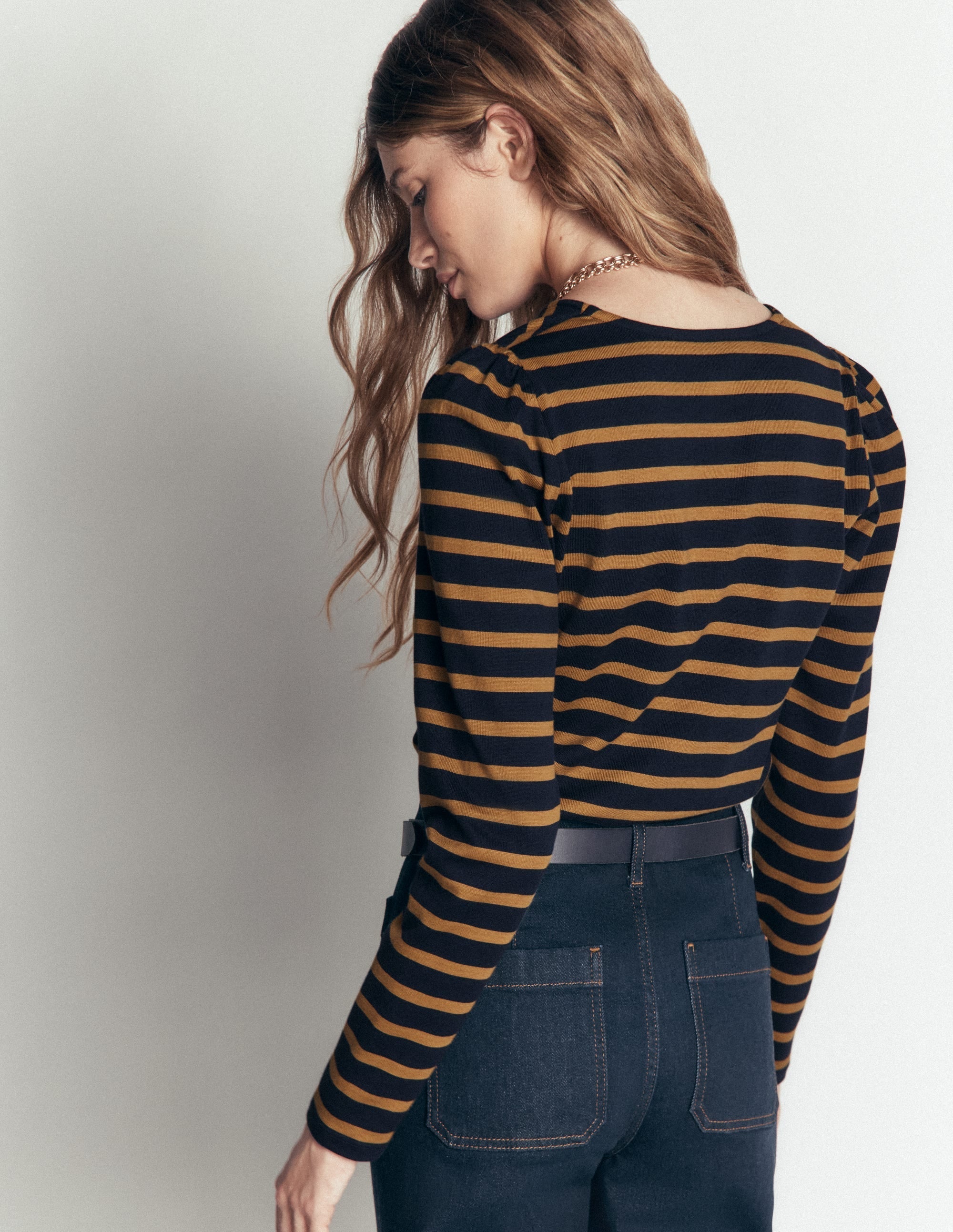Puff Sleeve Mariner-Navy and Dijon Stripe