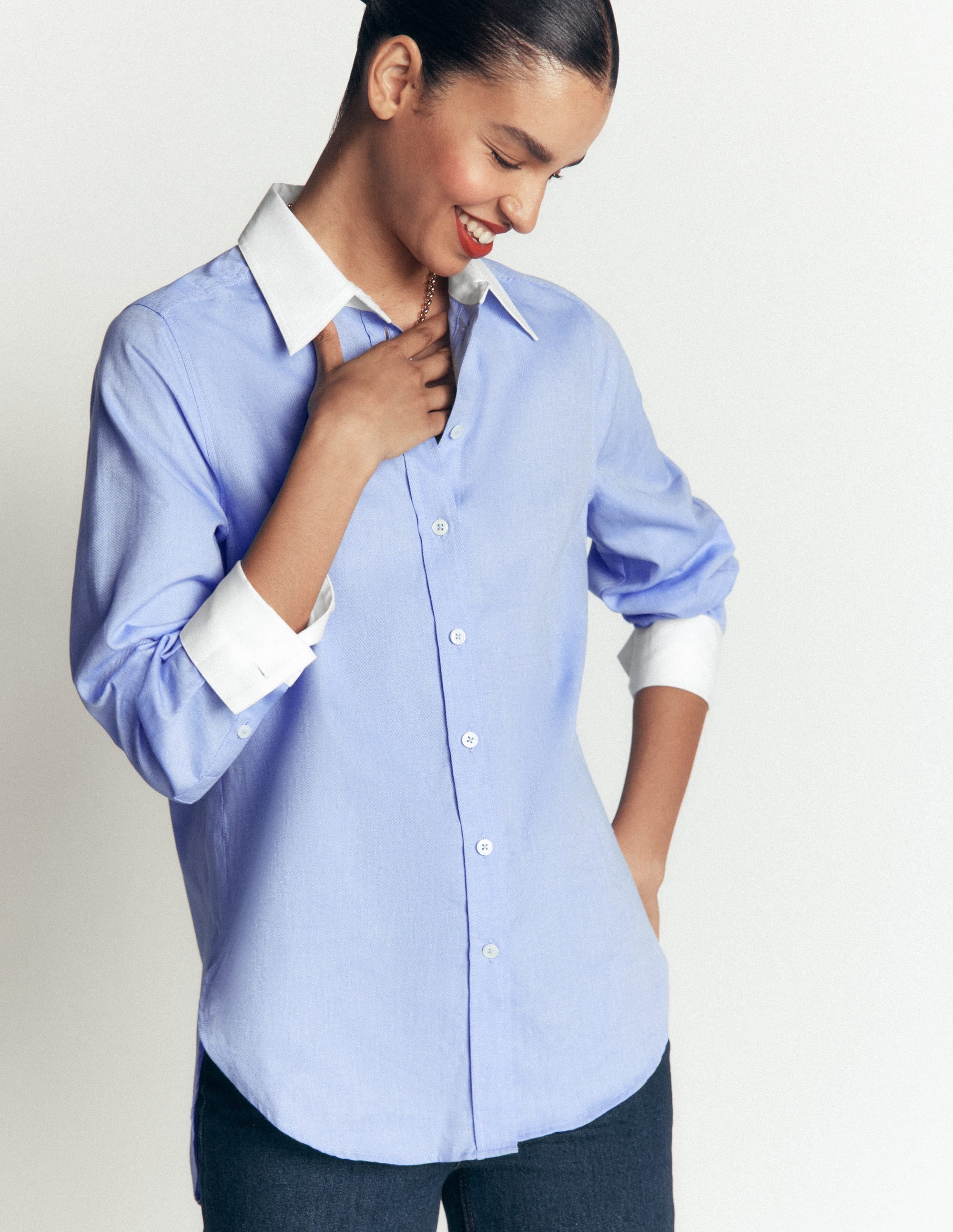 Longline Cotton Shirt-Blue Oxford