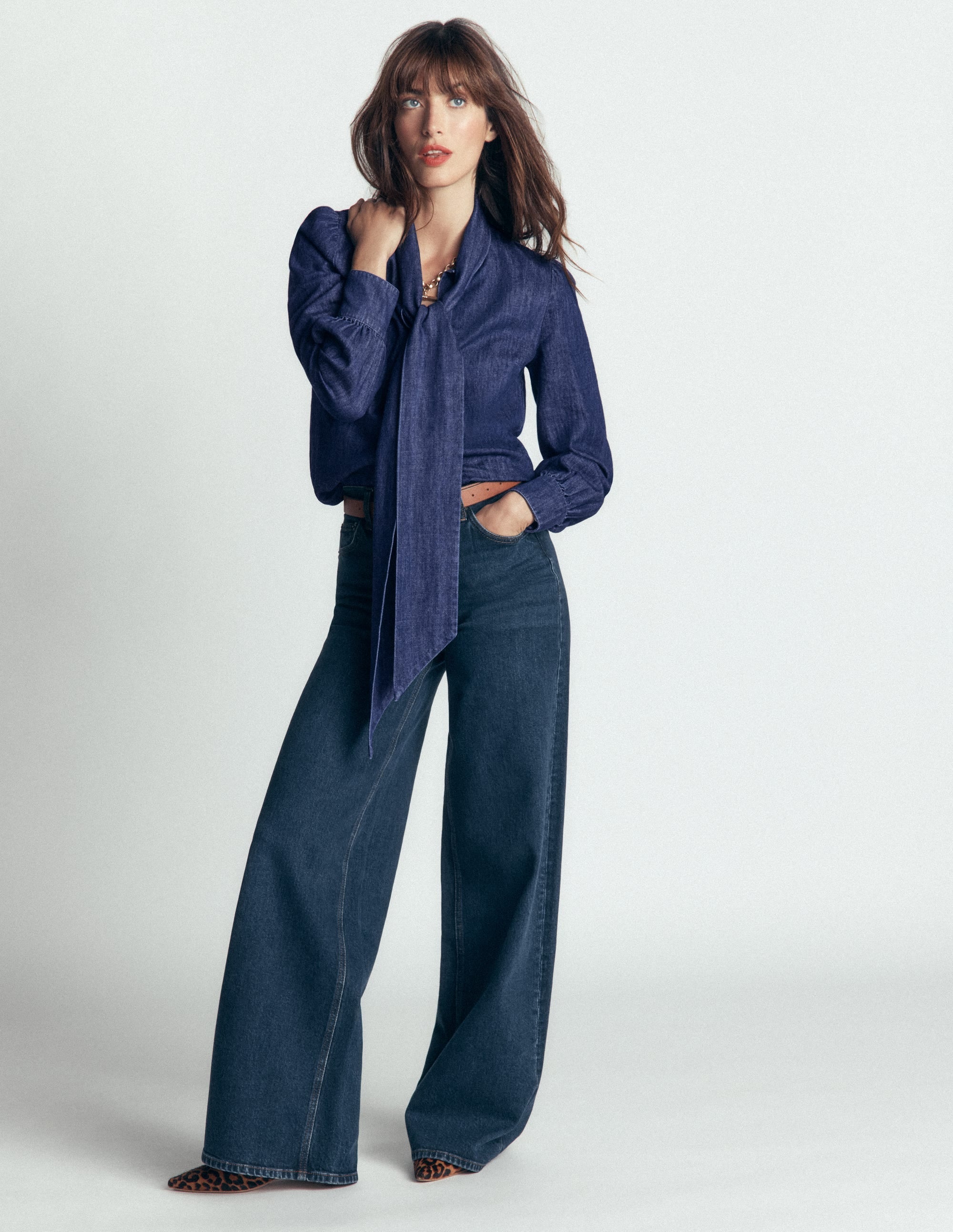 Tie Neck Denim Top-Dark Indigo