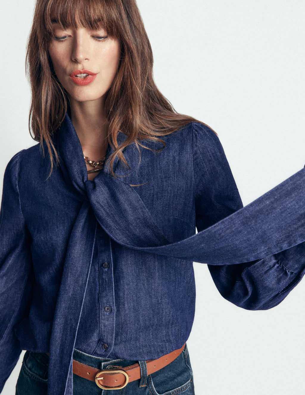 Tie Neck Denim Top-Dark Indigo