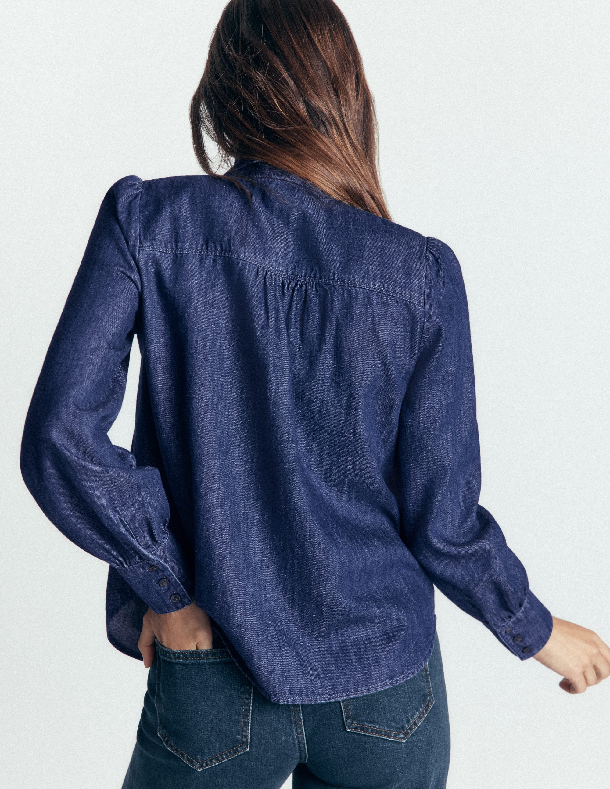 Tie Neck Denim Top-Dark Indigo