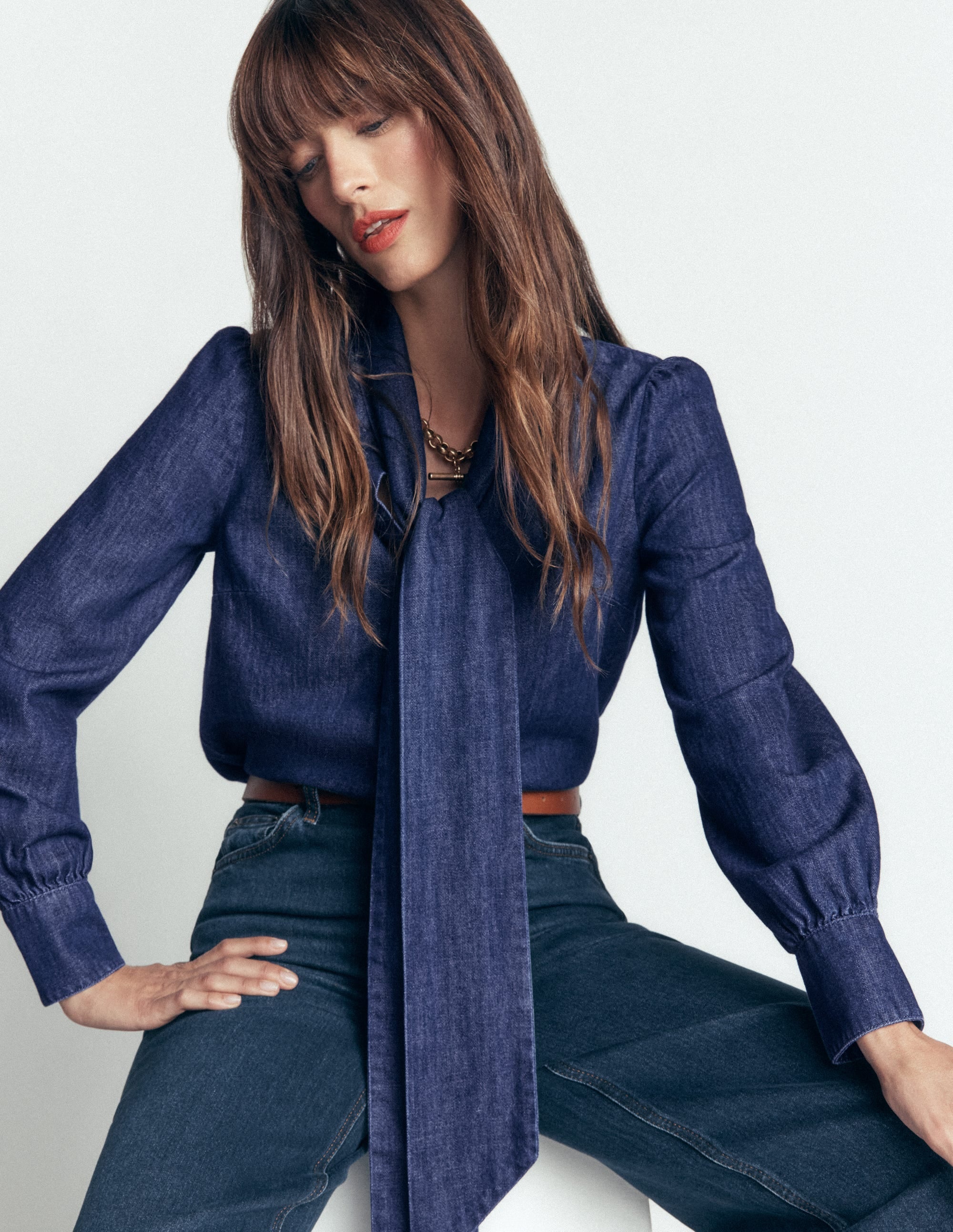 Tie Neck Denim Top-Dark Indigo