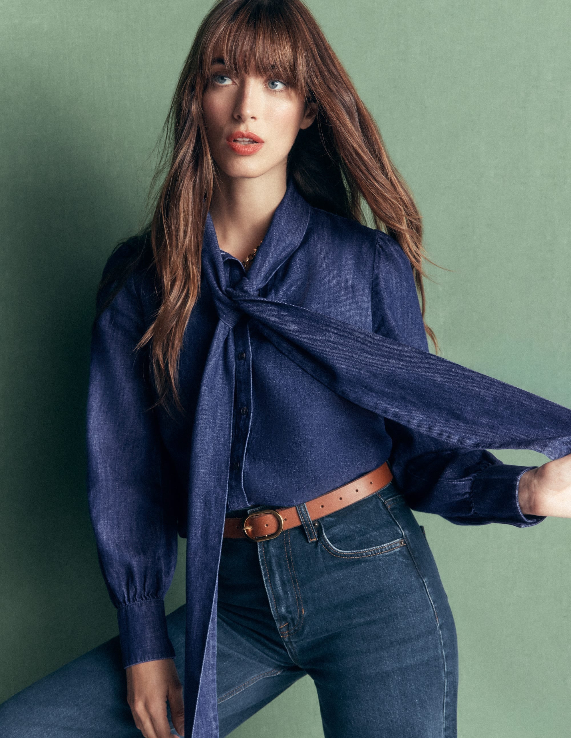 Tie Neck Denim Top-Dark Indigo