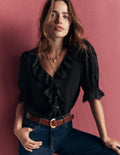 Ruffle V-neck Lace Top-Black