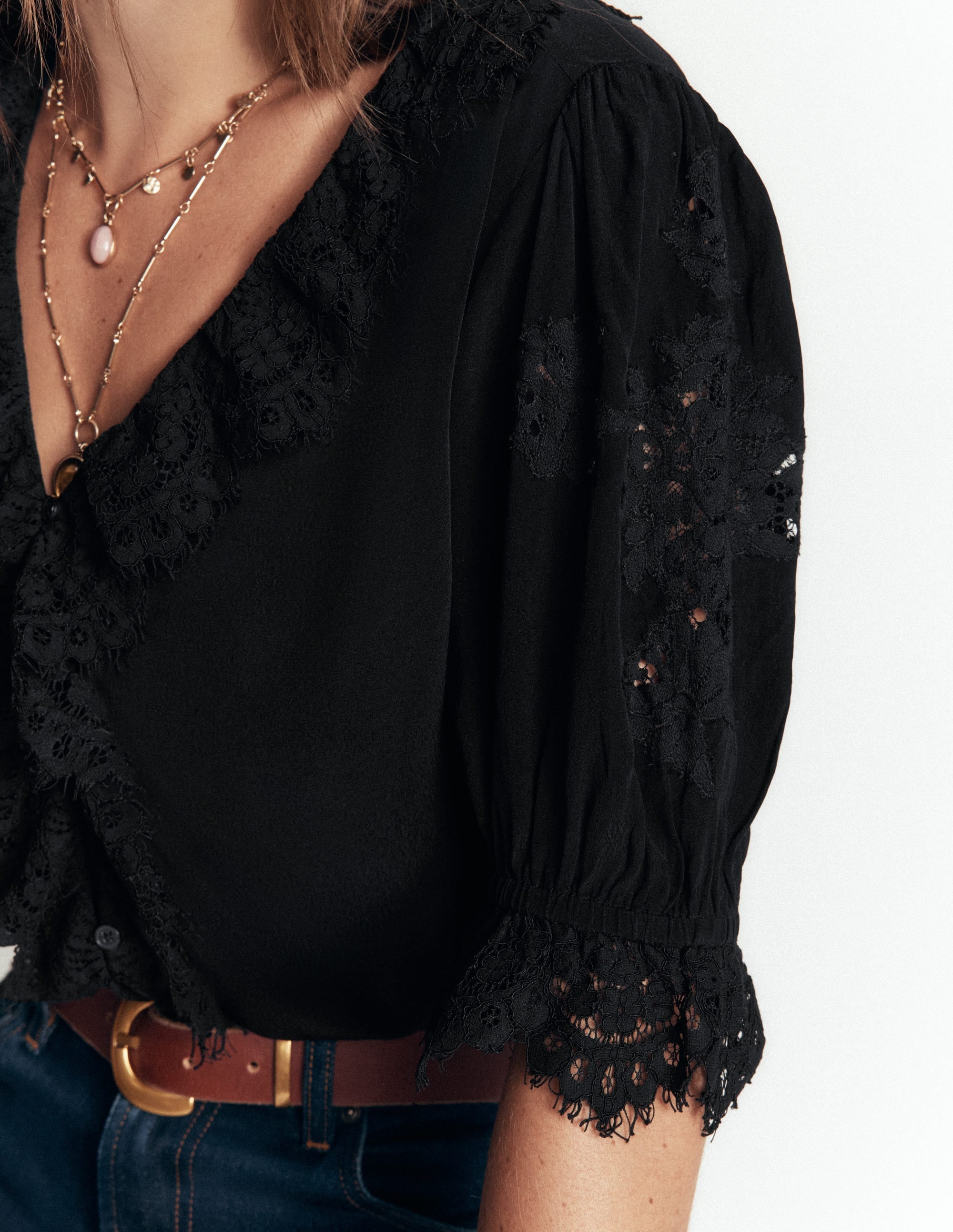 Ruffle V-neck Lace Top-Black