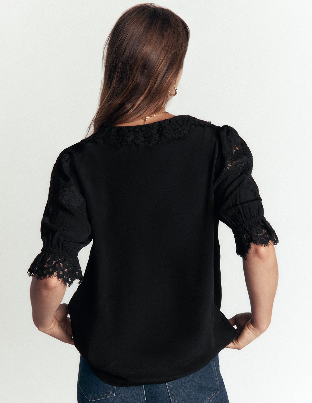 Ruffle V-neck Lace Top-Black