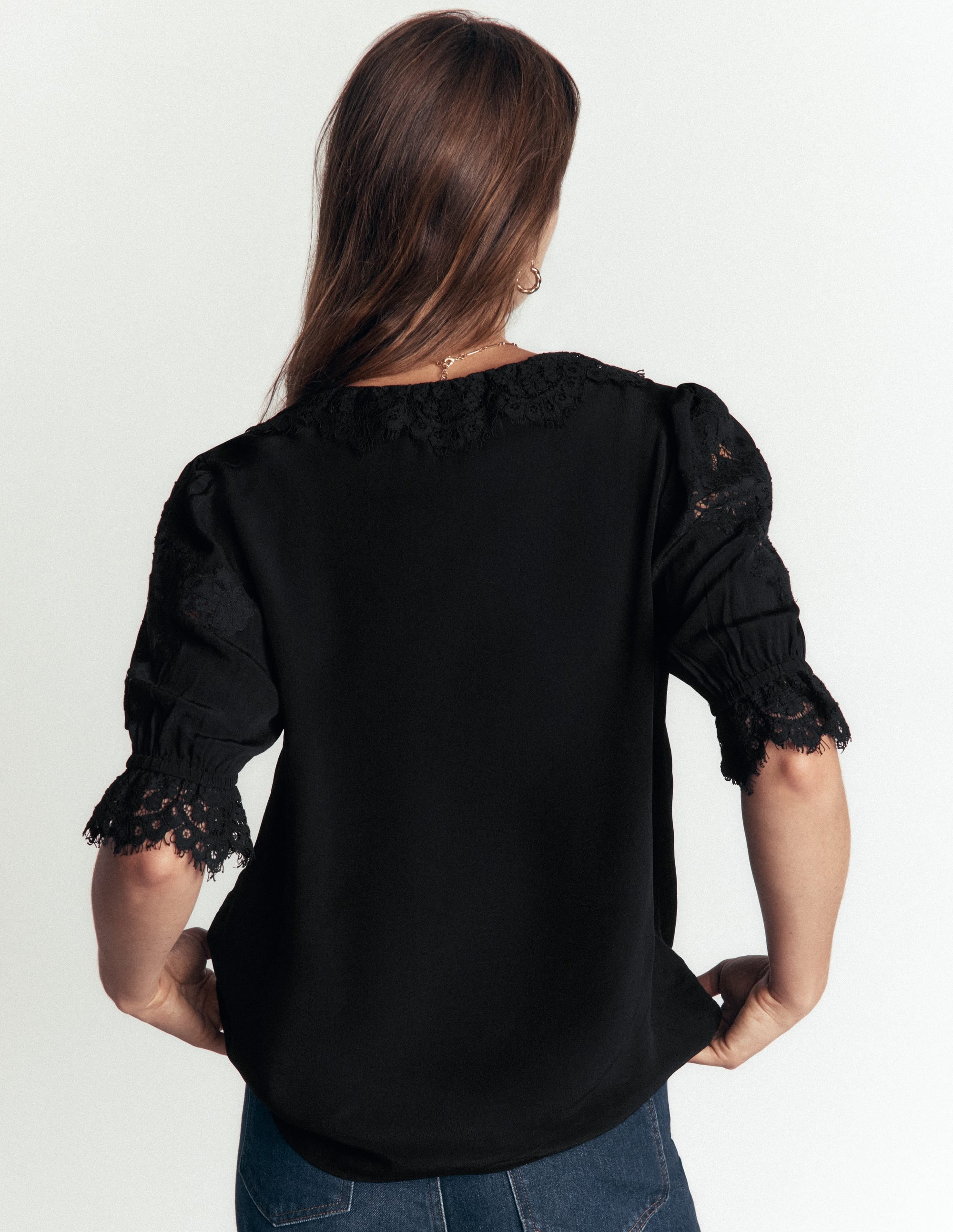 Ruffle V-neck Lace Top-Black