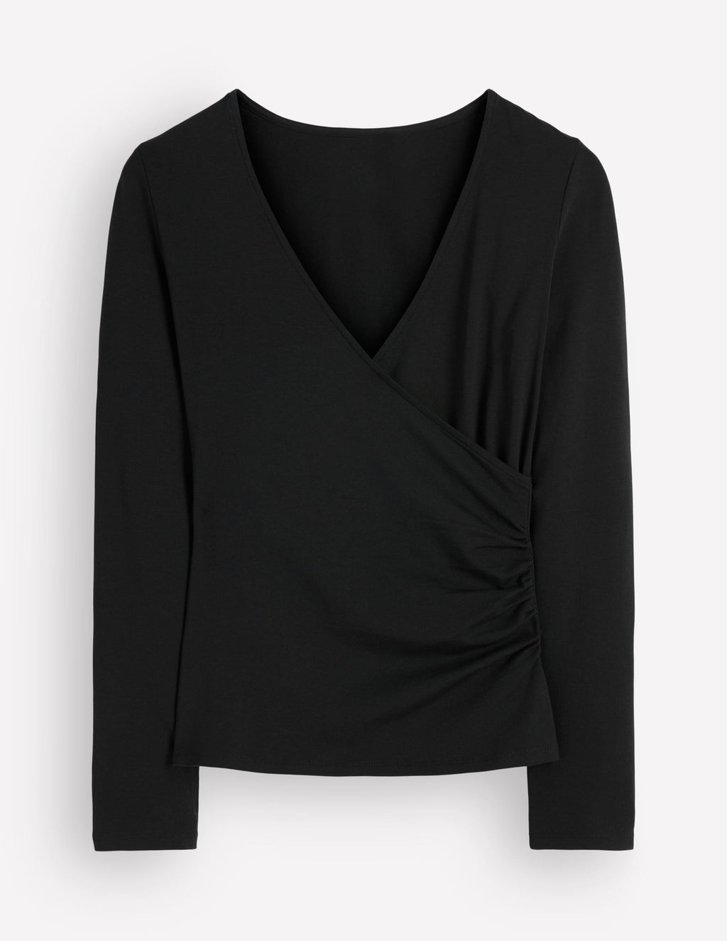 Ruched Long Sleeve Wrap Top-Black