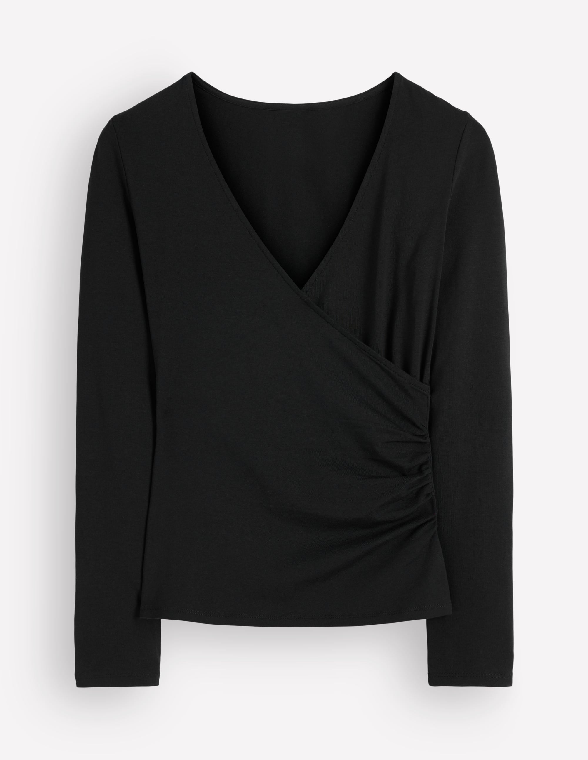 Ruched Long Sleeve Wrap Top-Black