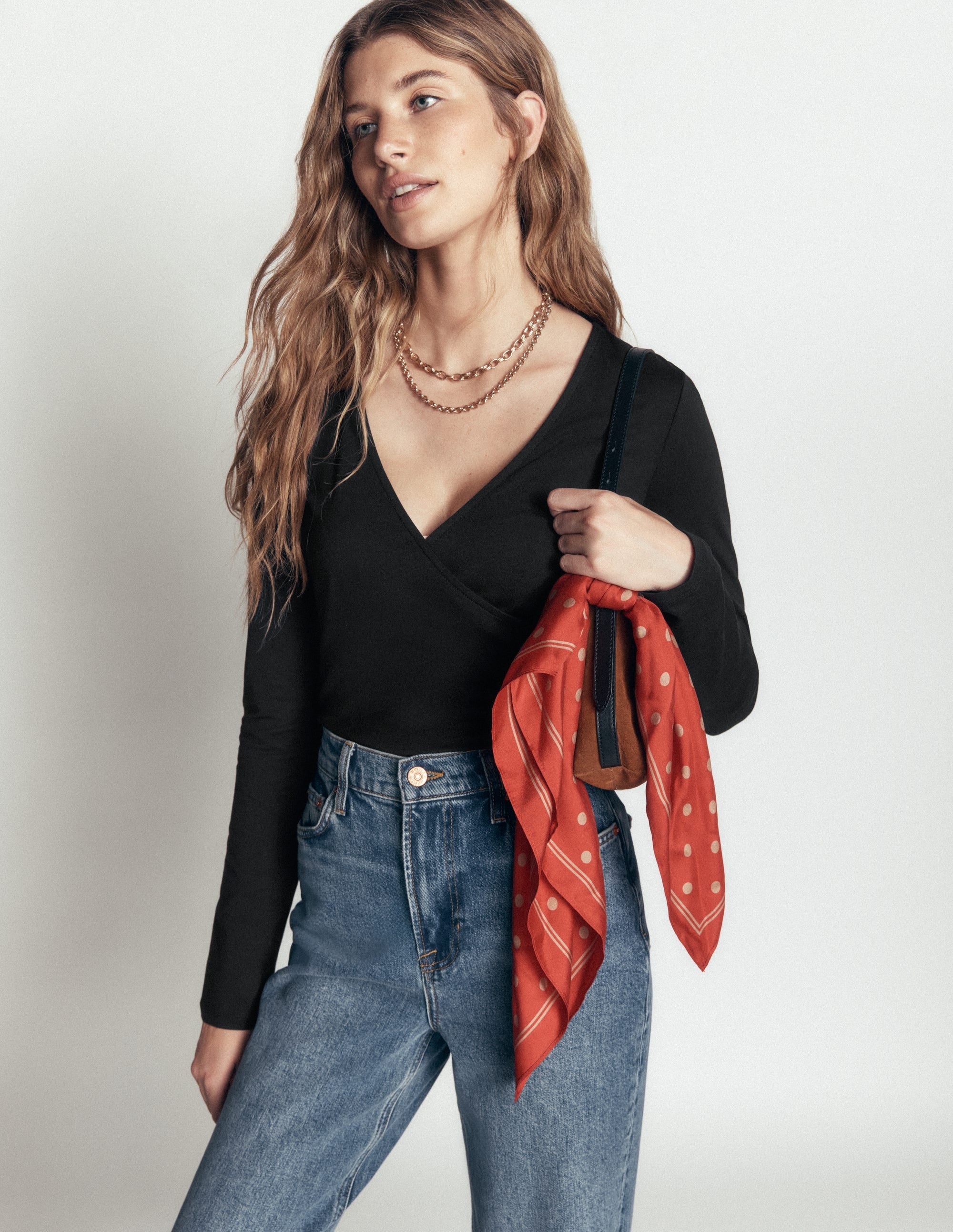 Ruched Long Sleeve Wrap Top-Black