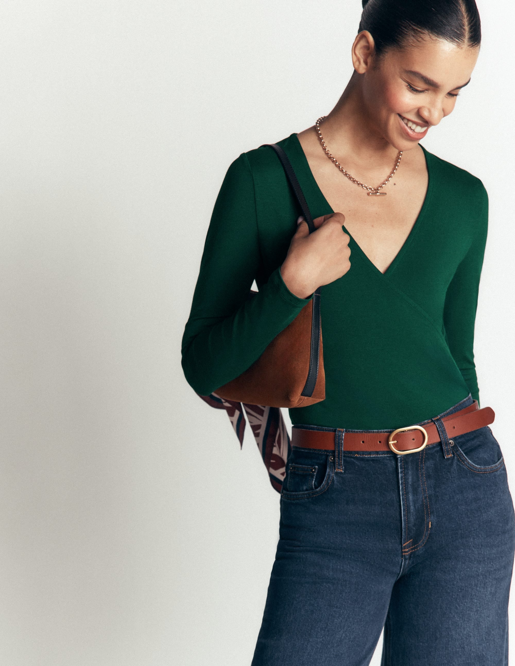 Ruched Long Sleeve Wrap Top-Emerald Night