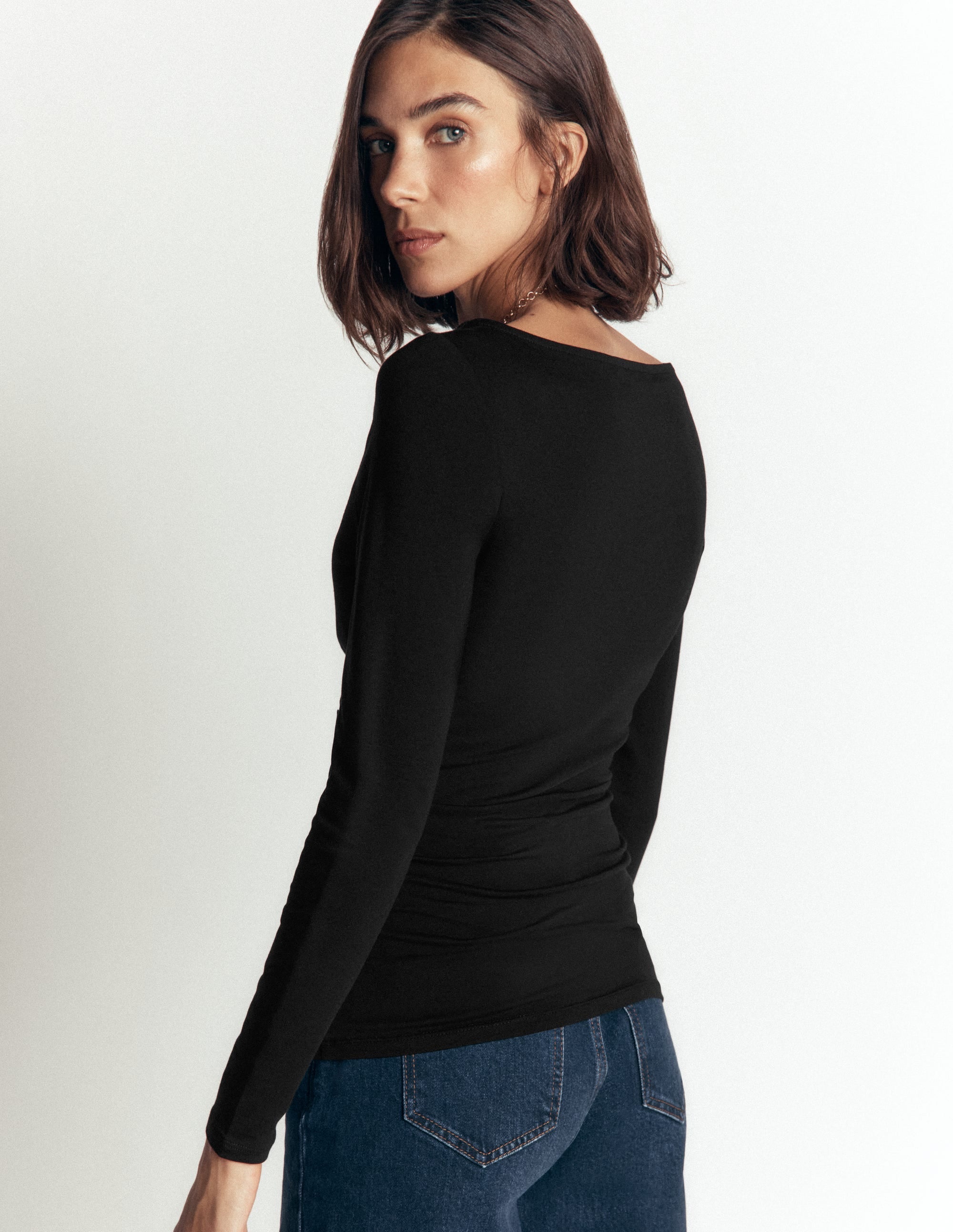 Ruched Long Sleeve Top-Black