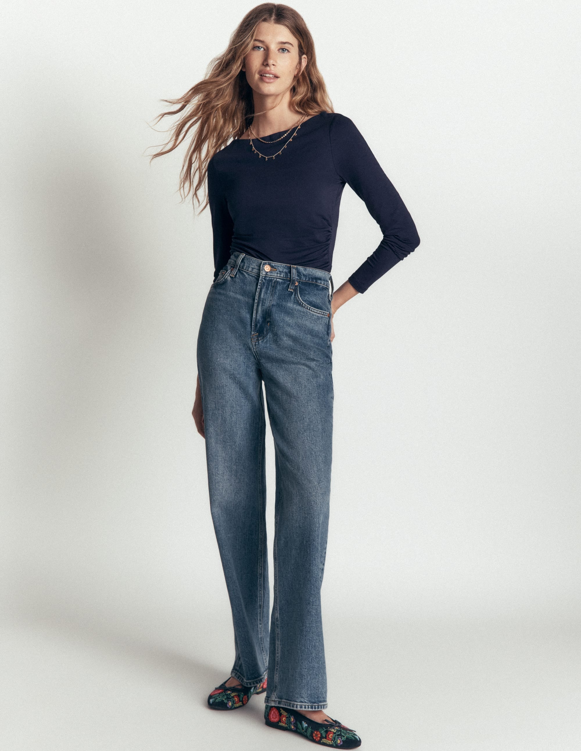 Ruched Long Sleeve Top-Navy