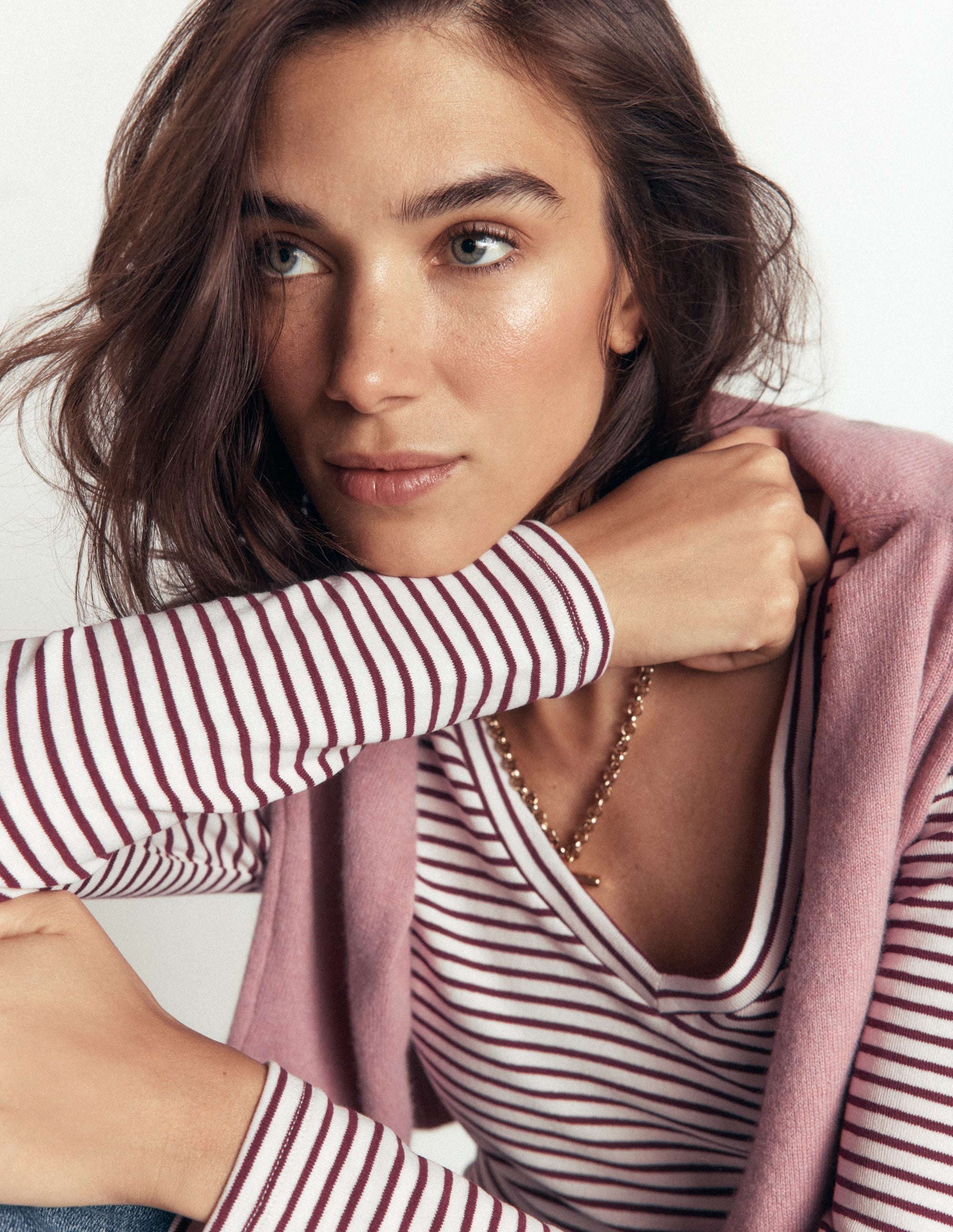 Essential V Neck Top-Deep Wisteria and Ivory Stripe