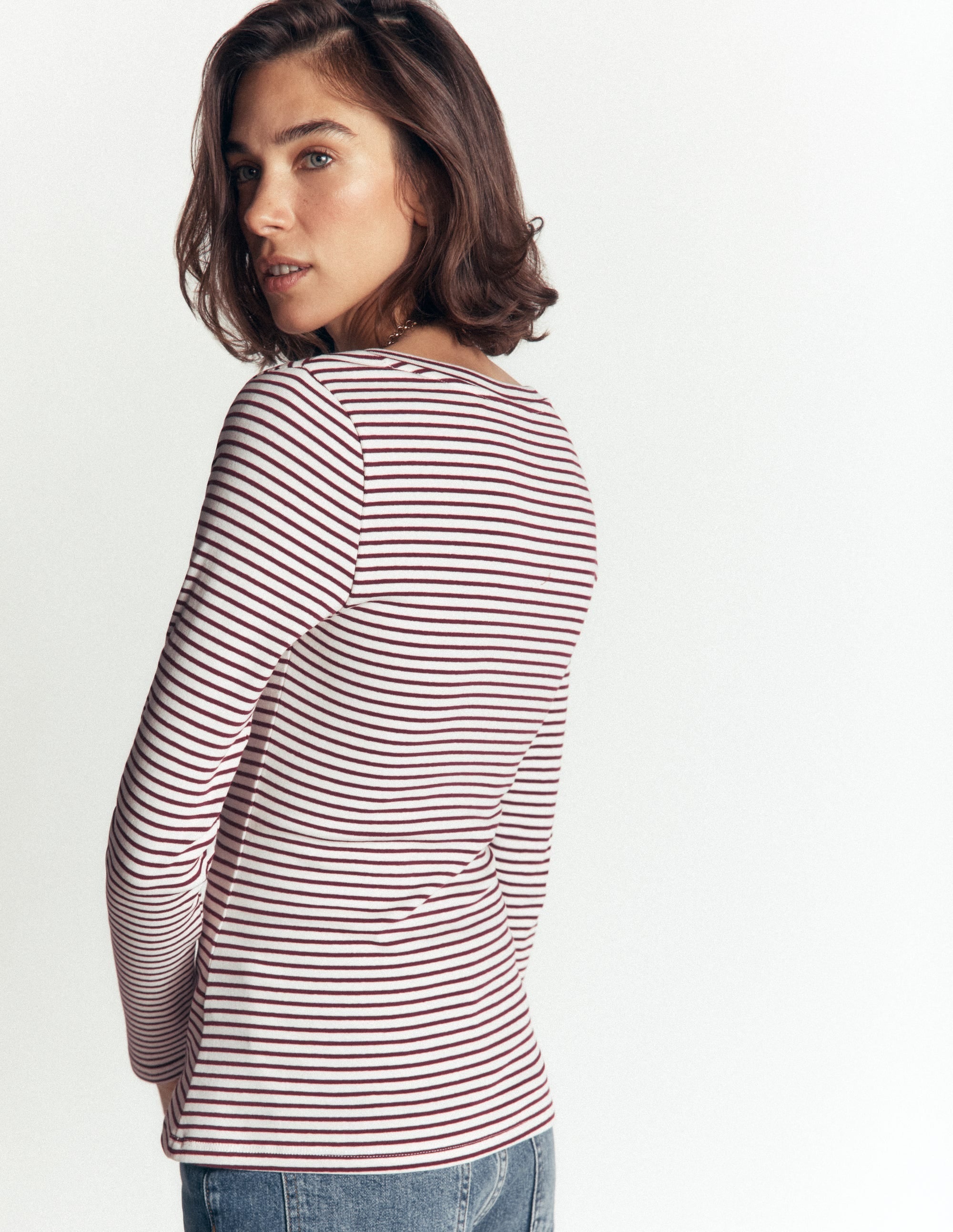 Essential V Neck Top-Deep Wisteria and Ivory Stripe