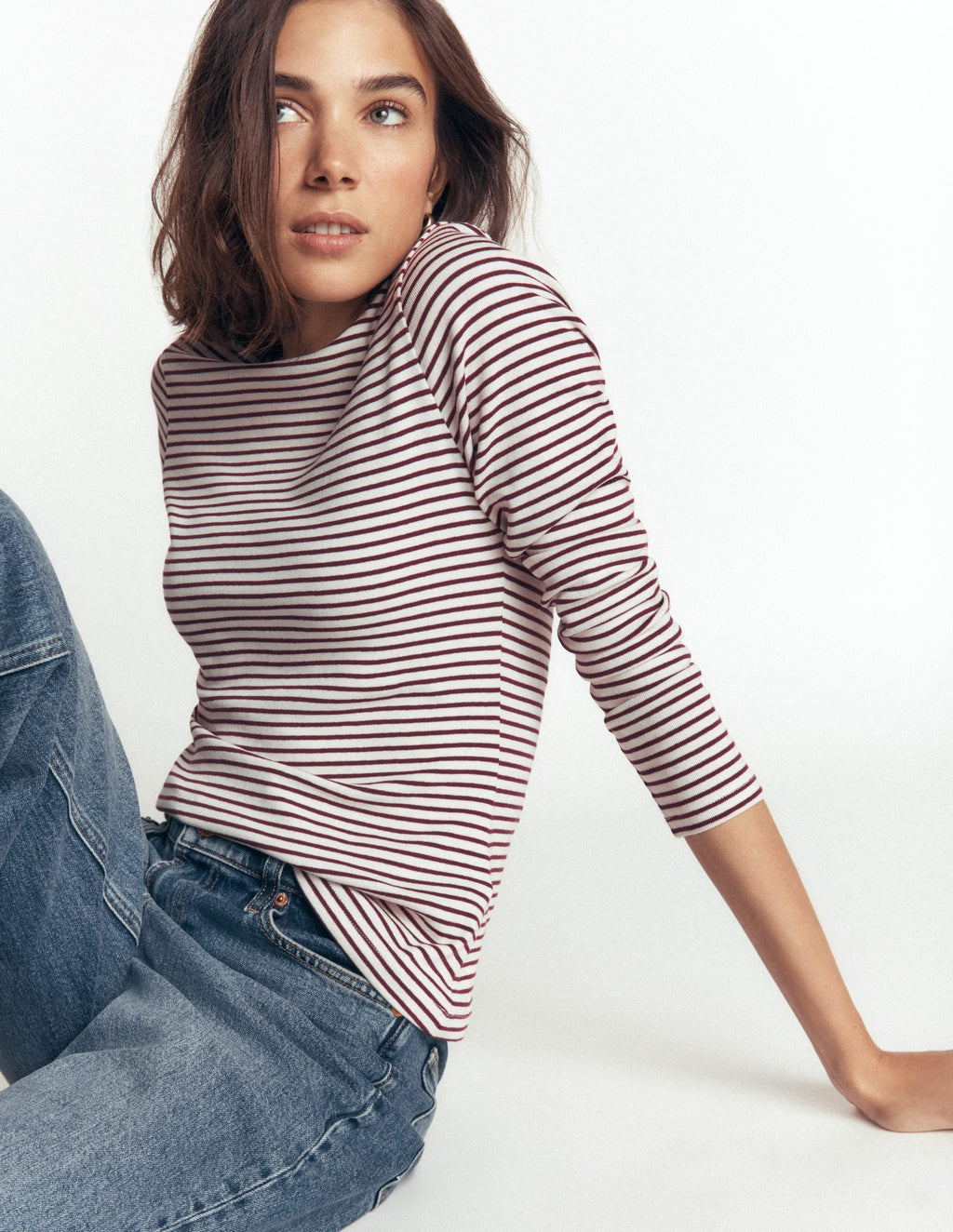 Essential Crew Neck Top-Deep Wisteria and Ivory Stripe