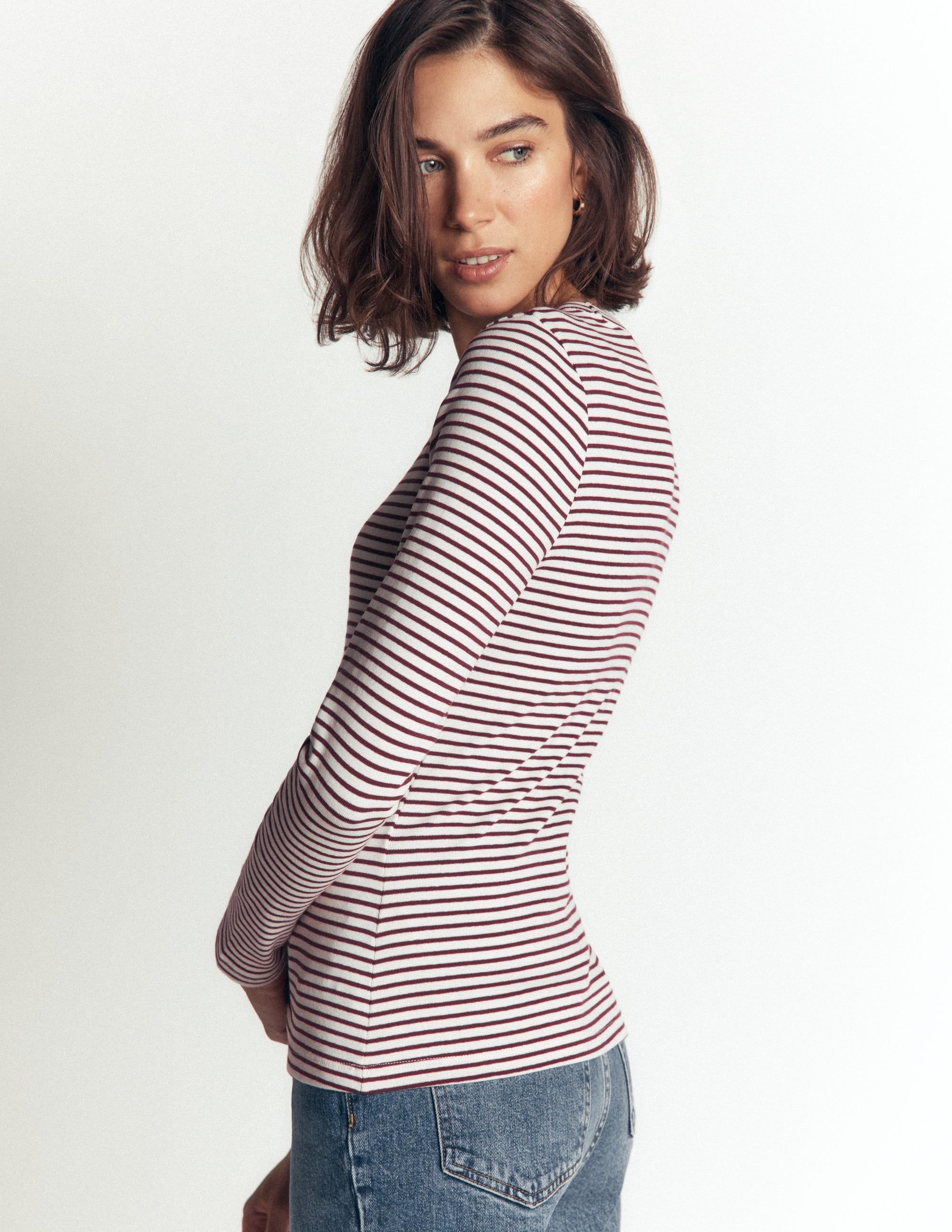 Essential Crew Neck Top-Deep Wisteria and Ivory Stripe
