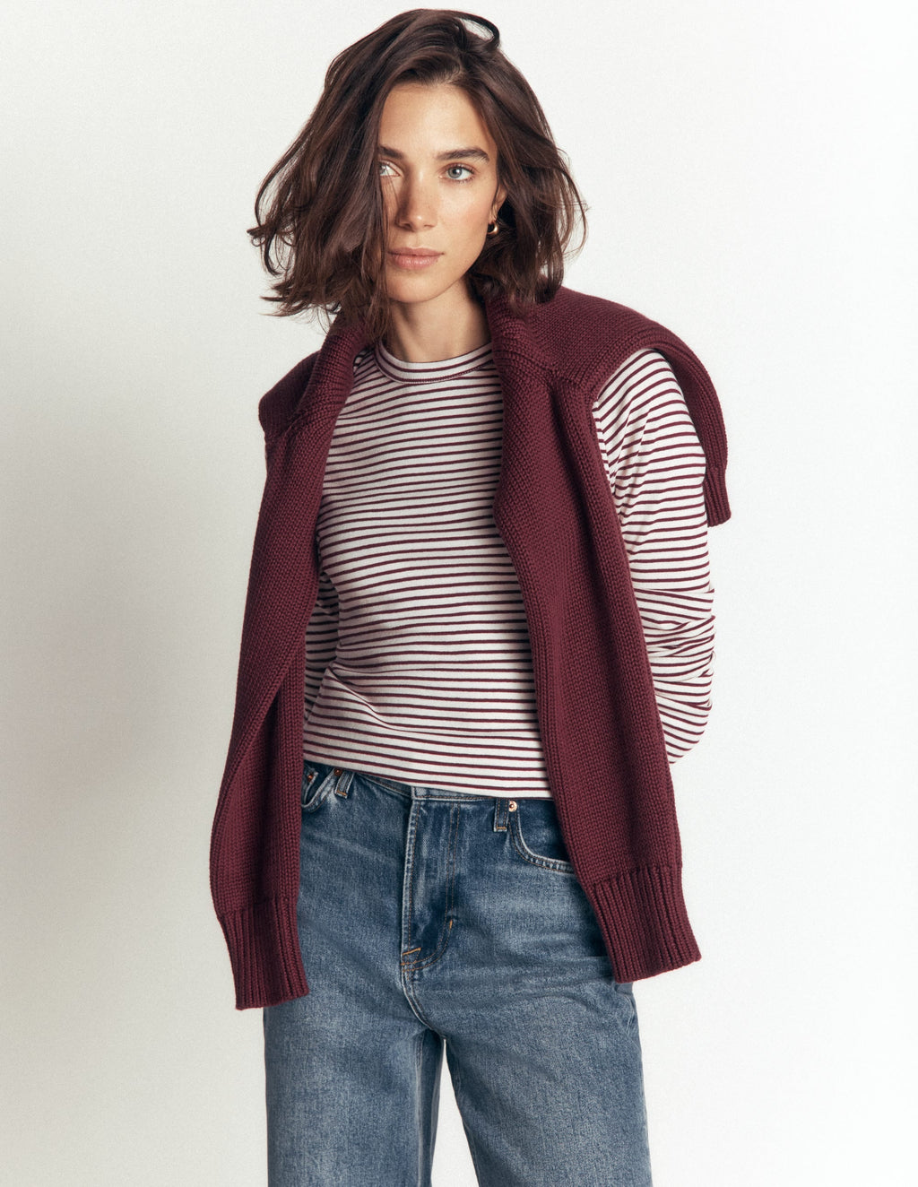 Essential Crew Neck Top-Deep Wisteria and Ivory Stripe