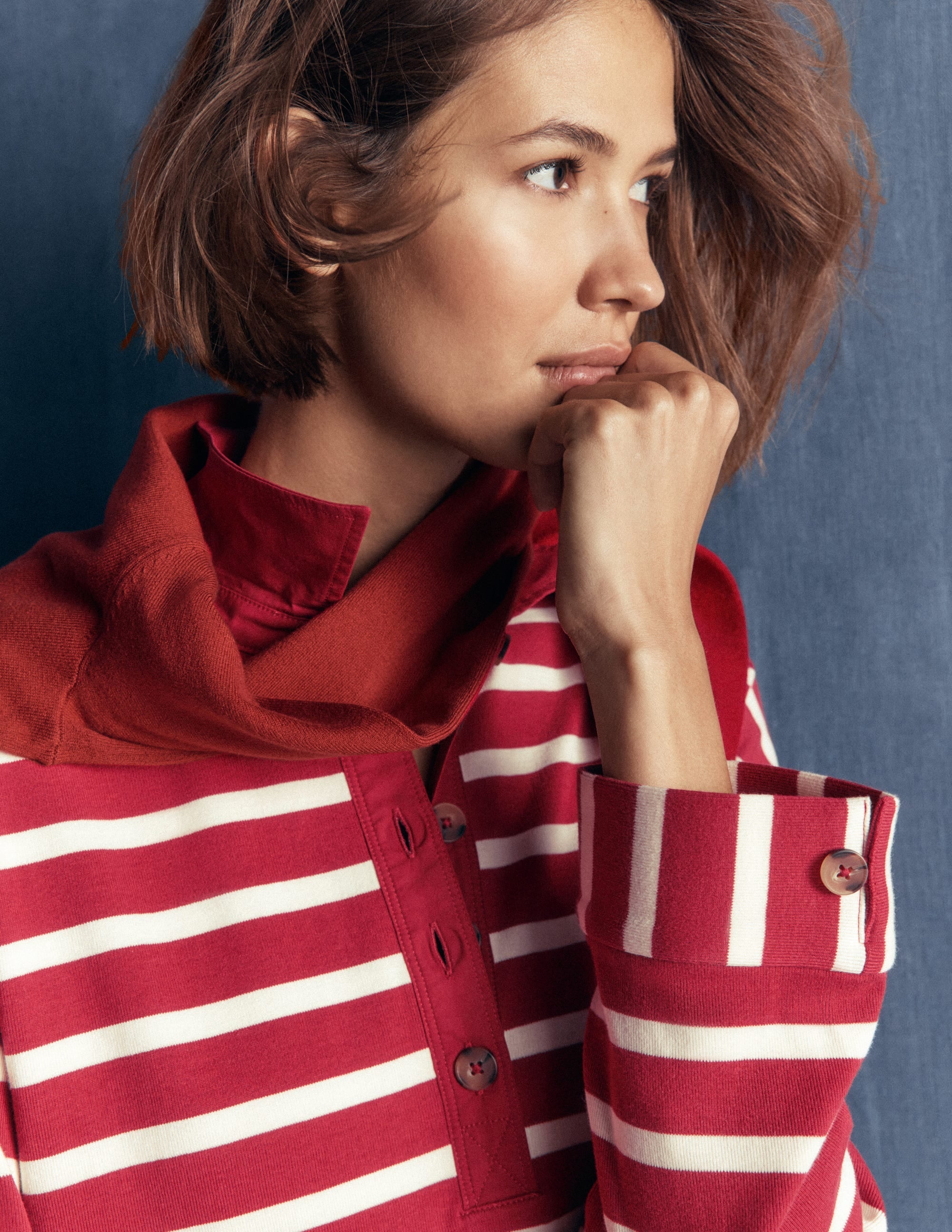 Collar Button Striped Breton-Garnet and Ivory Stripe