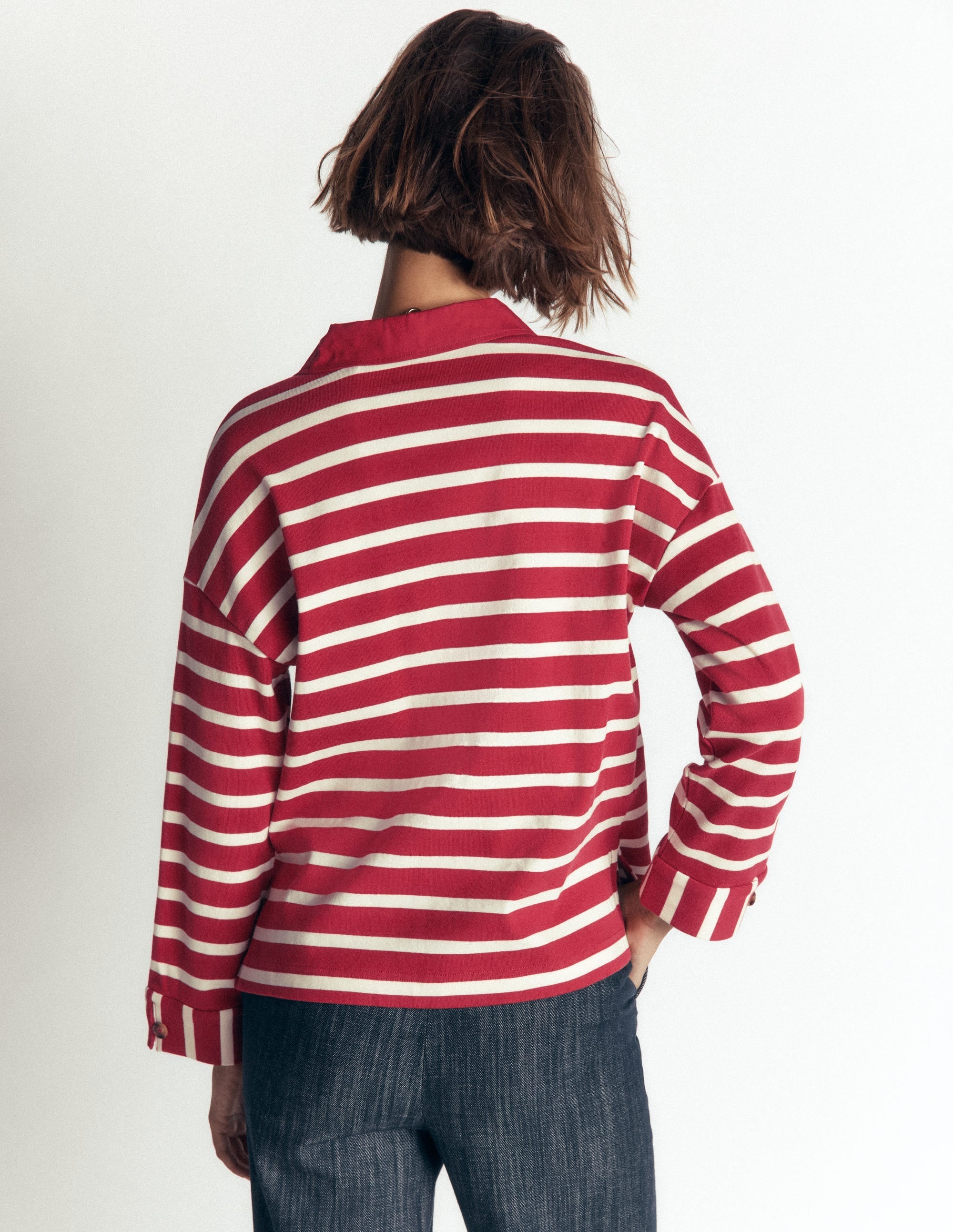 Collar Button Striped Breton-Garnet and Ivory Stripe
