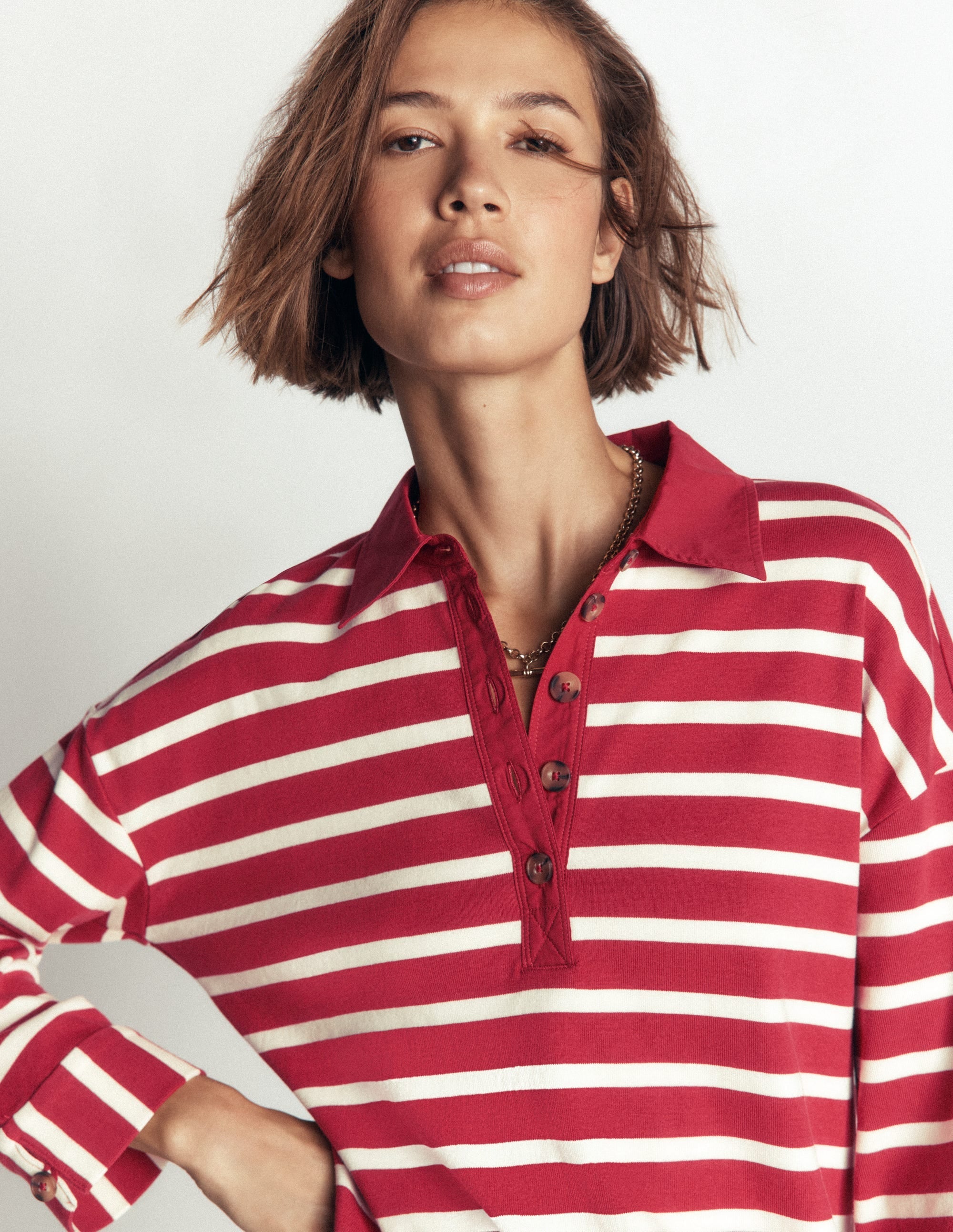 Collar Button Striped Breton-Garnet and Ivory Stripe
