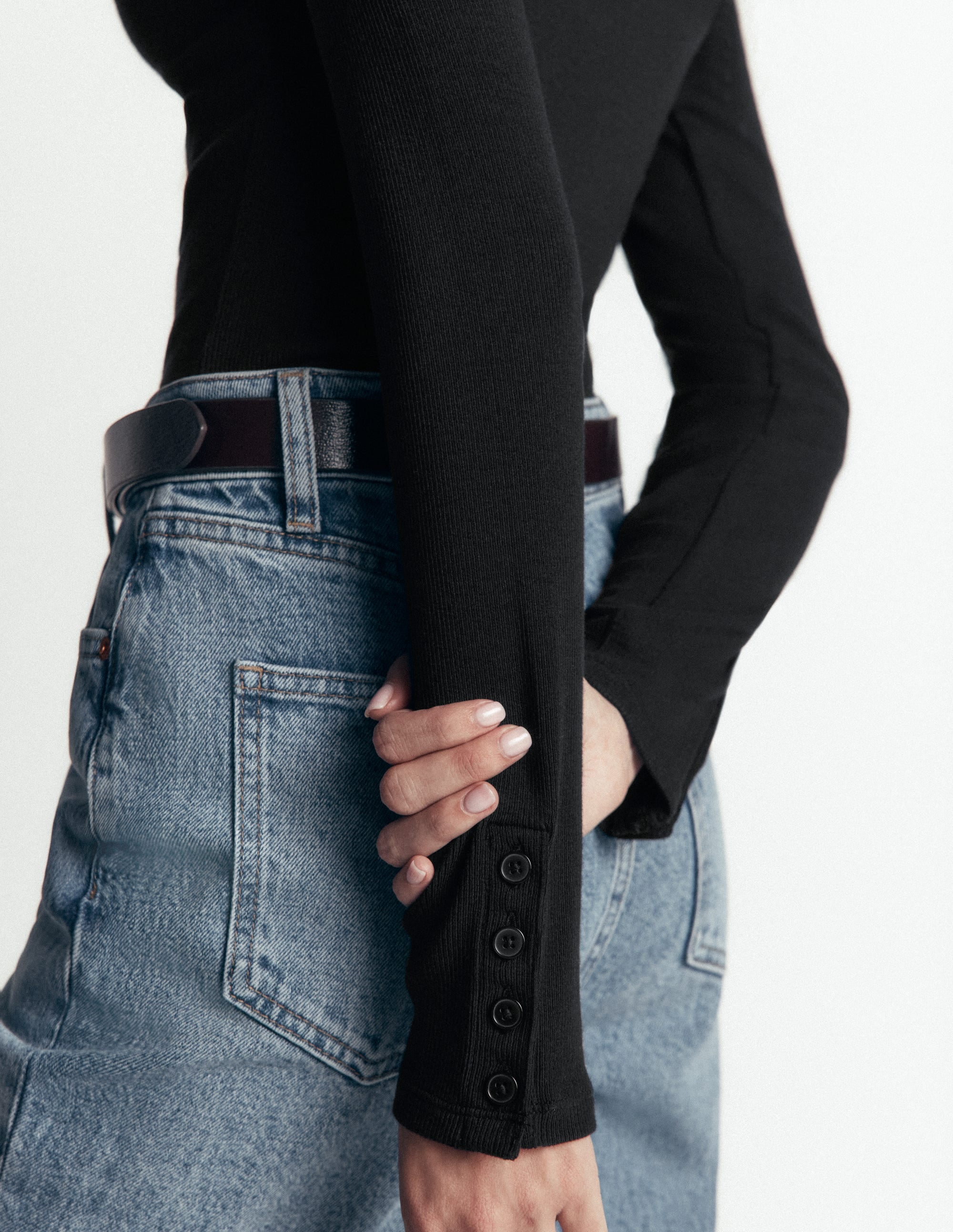 Button Cuff Ribbed Boatneck-Black
