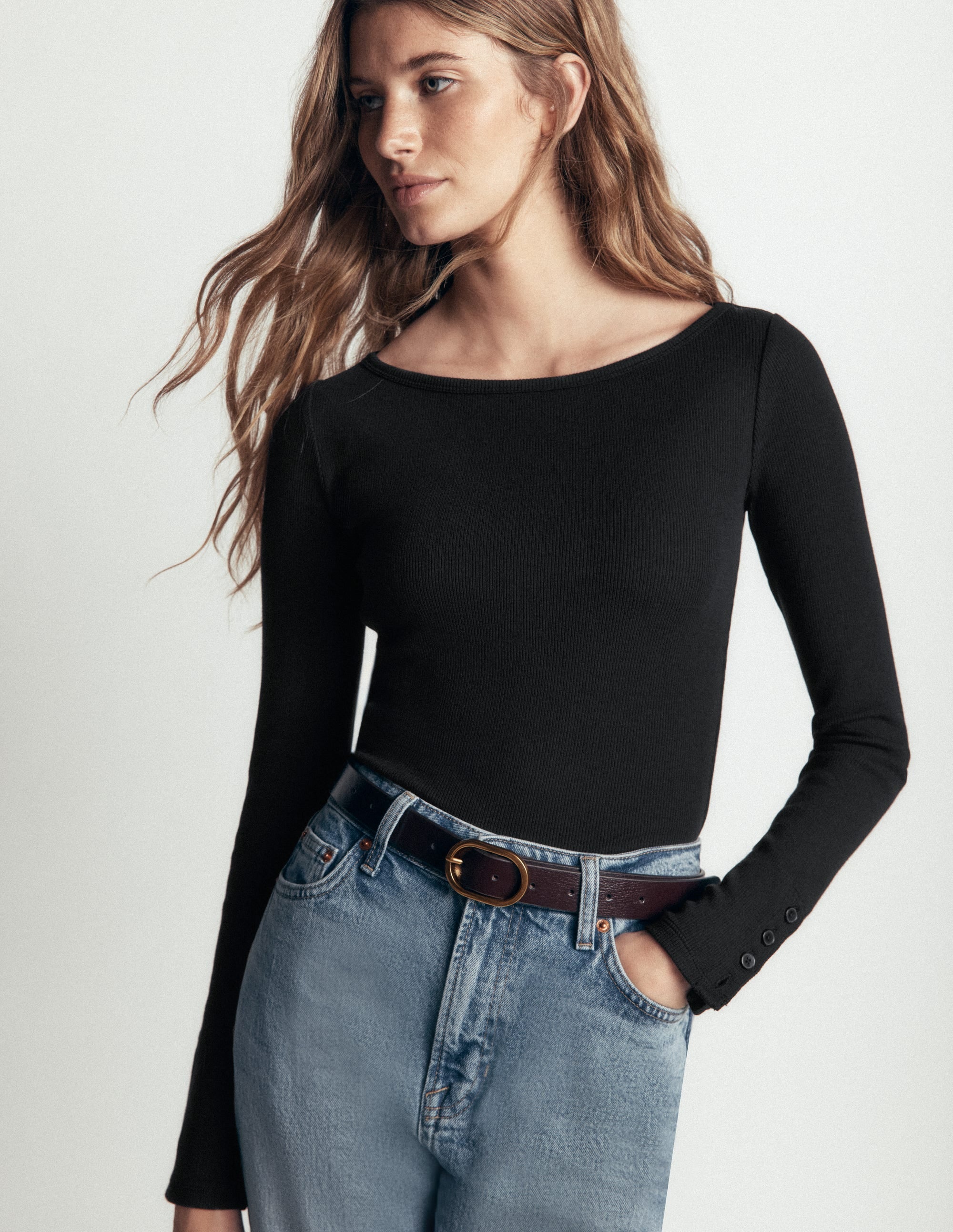 Button Cuff Ribbed Boatneck-Black