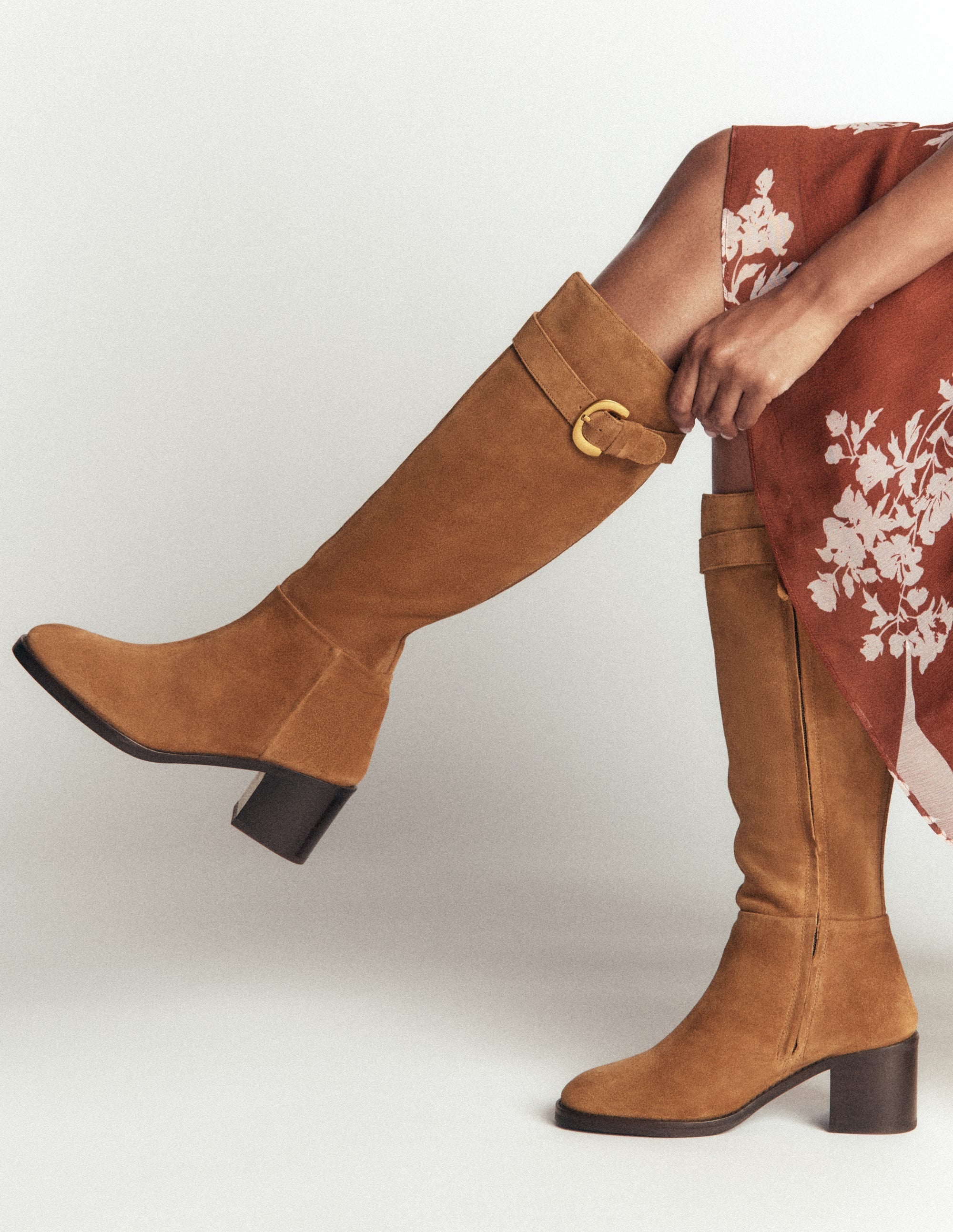 Buckle Detail Knee Boot-Cognac
